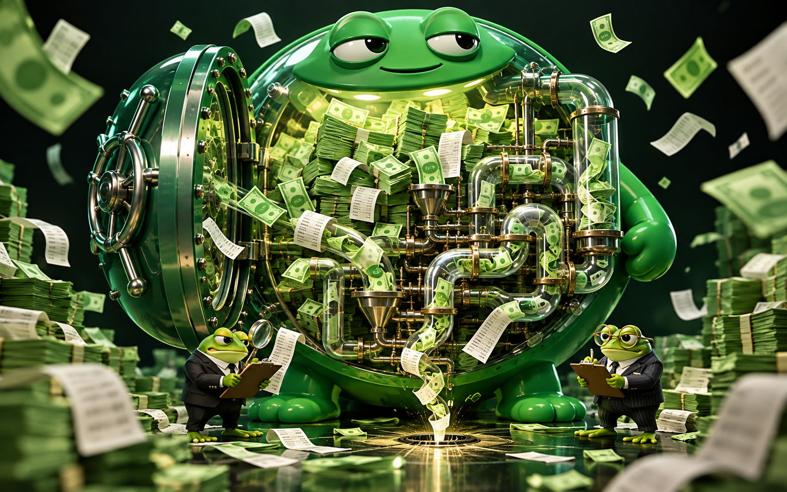 A cartoon vault spills cash and receipts through tangled pipes while two frog accountants look on.